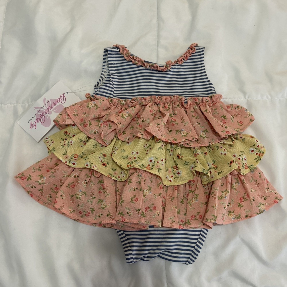 Bonnie Baby Flare Navy Striped Tulle Bow Dress Floral 3-6M Sleeveless - Picture 5 of 5